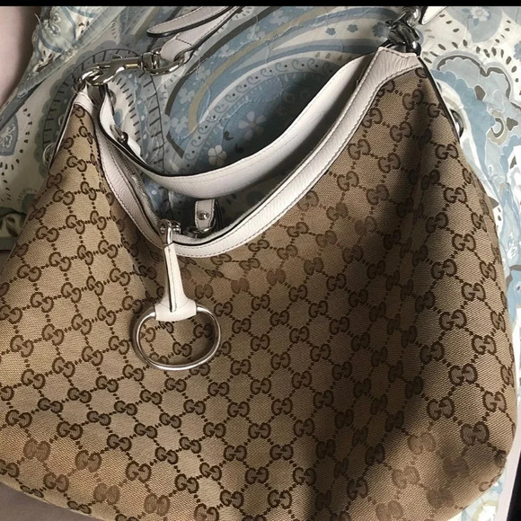 Gucci Horsebit Large Hobo GG Canvas Beige White Leather Trim Shoulder Bag - Picture 4 of 12